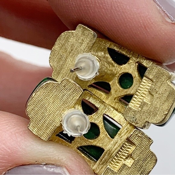 Green faux stone and gold tone chunky half hoop earrings - Picture 10 of 11